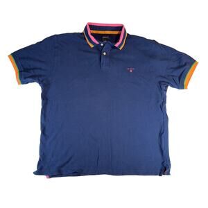 Gant Polo Shirt Men's XL Blue w/ Multi Colored Collar & Cuffs 100% Cotton Retro